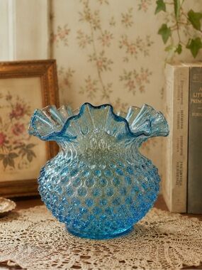 Antique Hobnail Glass Bowl w/ Ruffled Lip Aquamarine Blue Color‎  5" Tall